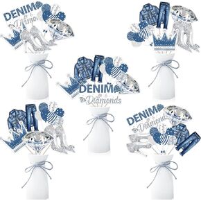Denim and Diamond Party Decoration, 24pcs Denim and Diamond Table Centerpiece Stick Jacket Table Decoration for Denim and Diamond Themed Birthday Bridal Shower Party Decoration