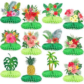 12 PCS Summer Hawaii Luau Honeycomb Centerpices استوائي Aloha Party Decorations Green Flower Leaf Tables Paper Centerples for Tropical Beach Pool Swiming Hawaii Party Decorts