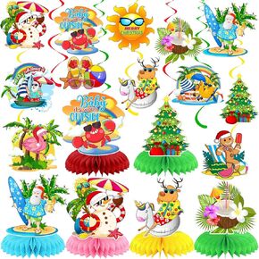 84 Pcs Hawaiian Christmas Party Decoration Honeycomb Table Centerpieces Hawaiian Christmas Hanging Decoration Swirl Flamingo Santa Slipper Tropical Table Topper for Tropical Party Favor