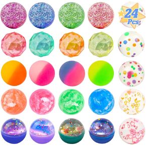 Bouncy Balls for Kids 24 Pieces 7 Styles 32mm Assorted High Bouncing Balls Toys for Birthday Parties, Party Favors and Gifts Classroom
