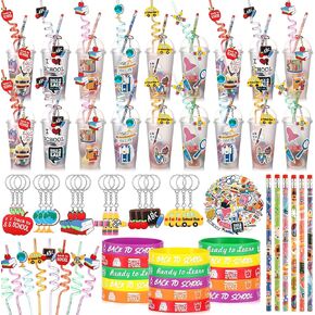 24 Set Back to School Party Favors Gift Cups Filler, First Day of School Keychain Pencil Straw Sticker Silicone Bracelet for Goodie Bag Fillers Party Favors Gifts