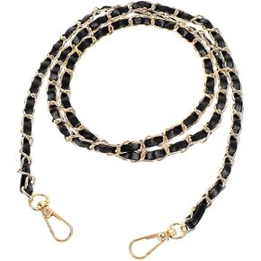 Chain Straps for Handbags,Purse Straps Replacement Crossbody, 47.2 In Leather Metal Braided Chain Strap for DIY Handbag Shoulder Crossbody Bag, Black Gold