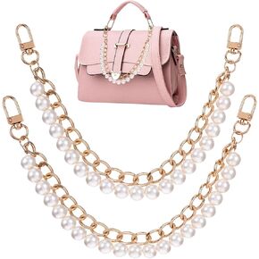 QFGasre 2Pcs Pearl Purse Chain Extender Gold Handbag Straps Metal Pearl Double Chains with Buckles Short Handle Replacement Charms Accessories for Women