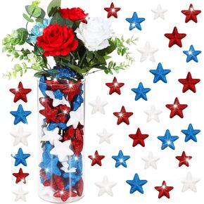 60 Pcs Independence Day Glitter Foam Vase Fillers Table Decor Foam Red Blue White Stars Filler Glitter Ornaments 4th of July Decorations Crafting Centerpiece Table Scatter, 4 Size
