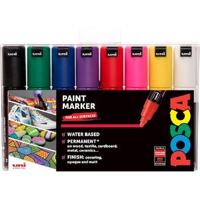 Posca PC-7M Permanent Marker Paint Pens. Broad Bullet Tip for Art & Crafts. Multi Surface Use On Wood Metal Paper Canvas Cardboard Glass Fabric Ceramic Rock Pebble Stone Porcelain. Set of 8 Colours