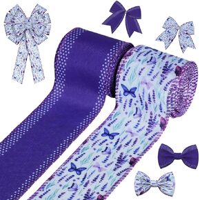 YKW 2 Rolls Purple Wired Ribbon 2.5 Inch x 5 Yards Each - Lavender Butterfly Burlap Ribbon Set for Wreaths, Spring Decor, Gift Wrapping, Bows, Crafts, Party & Wedding Decoration