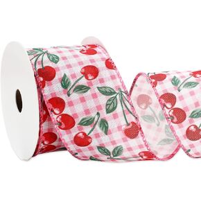 Cherry Wired Edge Ribbon Red Cherry Pink Plaid Fabric Ribbon for DIY Crafts Wreath Bow Making Supplies, 12 Yard