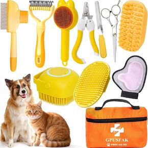 12PCS Dog Bath Brush Kit - Slicker Hair Brush Kit with Pet Nail Clipper and File Slicker Brush Comb Dog Shower Cat Suitable for Deshedding Massage Grooming Removing Loose Hair