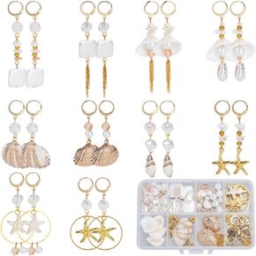 SUNNYCLUE 1 Box DIY 10 Pairs Shell Earrings Kit Real 18K Gold Huggie Findings Ocean Themed Electroplate Natural Spiral Shells Alloy Enamel Light Golden Starfish Bead Charm for Jewelry Making Kits