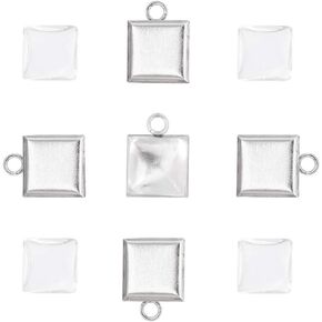 UNICRAFTALE 10mm Stainless Steel Bezels and Cabochons 50 Sets Square Pendant Trays with Glass Cabochons Cabochon Pendant Trays Blanks for Pendant Making Kit Jewelry