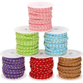 PATIKIL 32.8 Yards Studded Faux Suede Cord Rope for Jewelry Making, 6Pcs Each 5m 5mm Flat Leather Lace Beading String Ribbon Gold Rivets, Black/White/Grey/Beige/Light Brown/Brown