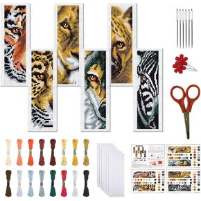 FREEBLOSS 6 Set Cross Stitch Bookmark Kit Stamped Cross Stitch Kit Wild Animals Stamped Embroidery Bookmark with Instruction Cross Stitch Kits for Adults DIY Bookmark Kit 8''x2.4''