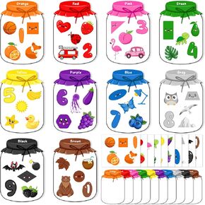 AMCEMIC 40Set Color Sorting Toys Sticker, 80pcs Number Alphabet Animal Sticker Make A Sorting Games Jar Educational Paper Crafts for Preschool Learning Activities Learning Toys Color Matching Games