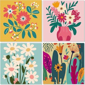 NAIMOER 4 Pack Flower Paint by Numbers Kits for Adults Beginner with Wooden Framed, Flowers Color by Numbers on Canvas Painting Kits for Adults, Easy Paint DIY Acrylic for Home Wall Decor 8X8 Inch
