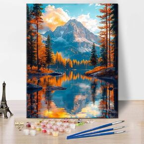 TUMOVO Adult Paint by Number Kits On Canvas, Mountain Lake Paint by Numbers, Landscape Painting by Numbers for Adults, Mountain Lake Color by Number, DIY Canvas Painting Wall Decor, 16 X20 Inch
