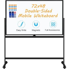 Double-Sided Rolling Whiteboard on Wheels 72"x48", Large Magnetic Mobile Whiteboard with Stands, Portable Dry Erase Board with Stand Up Whiteboards with 2 Eraser, 6 Markers, 20 Magnets