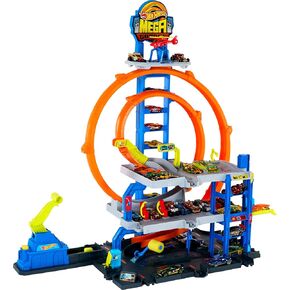 Hot Wheels Toy Car Track Set with Die-Cast Car & Helicopter, 2 Loops, Storage for 37 1:64 Scale Vehicles, Speed Snap Adapters, Mega Loop Garage