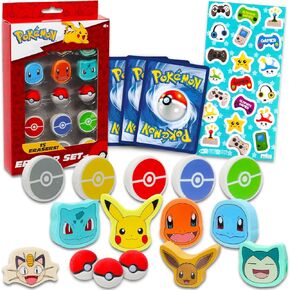 Pokemon Party Favor Set - Bundle with 15 Erasers Featuring Pokeball, Charmander, Bulbasaur, More Plus Trading Cards | Pokemon Party Supplies Kit for Kids, Boys, Girls