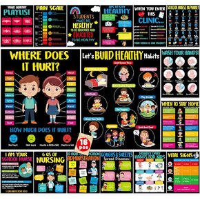 party greeting 16pcs School Nurse Office Decorations Health Posters for School Office Supplies Educational Medical Poster Nurse Bulletin Board Decor for Classroom Chalkboard Clinic Hospital Wall
