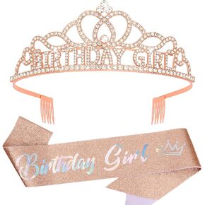 CAVETEE Birthday Crown and Sash for Girls, Birthday Decorations for Her Birthday Sash and Tiara for Women & Girls