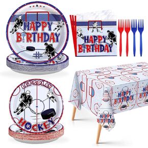 Grencian 98Pcs Hockey Party Supplies Ice Hockey Birthday Party Set Including Plates Napkins Forks and Tablecloth Disposable for Boys Kids' Birthday Hockey Fans Sports Games Themed Par-ty Decoration