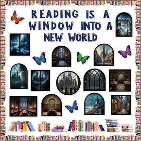 110Pcs Reading Bulletin Board Back to School Decoration Cutouts Set with Window Books and Butterfly Pattern to Welcome Students Back to Campus for Start of School Season in Classroom Or Home Decor