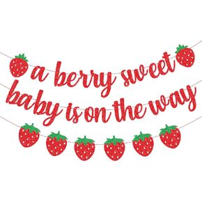 A Berry Sweet Baby Is On The Way Banner with Strawberry Garland, Berry Fruit Themed Baby Shower Gender Reveal Decorations, Summer Garland Photo Prop for Indoor Outdoor Welcome Baby Party Supplies