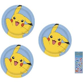 Pokemon Birthday Party Supplies Bundle include 24 Lunch Paper Plates 9" and 1 Dinosaur Sticker Sheet