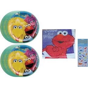 Amscan Sesame Street Party Supplies Bundle Pack includes 16 Paper Plates 9", 16 Paper Napkins, 1 Dinosaur Sticker Sheet