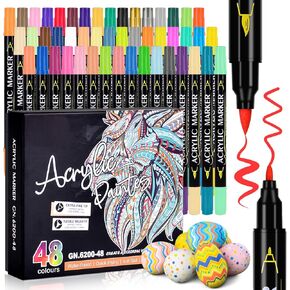 48 Colors Dual Tip Acrylic Paint Markers, Fine Tip and Brush Tip Premium Acrylic Paint Pens for Rock Painting, Wood, Glass, Fabric, Painting Various Surfaces - Art Supplies