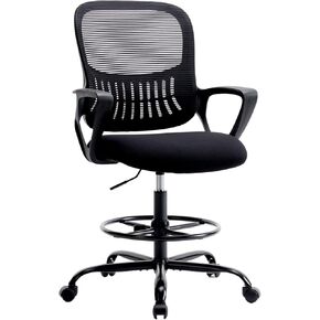 Sweetcrispy Drafting Chair Ergonomic Tall Computer Office Rolling Stool High Adjustable on Wheels with Arms for Standing Desk Bar Counter Height, Thicker Seat Back Lumbar Support and Footrest