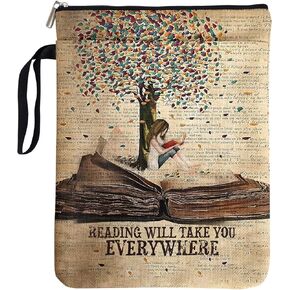 Reading Will Take You Everywhere Book Sleeve for Girls - Book Club Gifts Waterproof Book Cover | Vintage Travel Inspired Gifts for Book Lovers (Zipper Pocket)