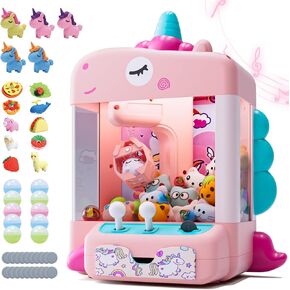 Skirfy Unicorns Claw Machine, Mini Vending Machine with Lights & Music, Adjustable Sound, Candy and Electronic Prize Dispenser, Includes 45 Toys, Candy and Birthday Gift for Kids Girls