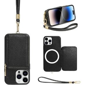 حافظة محفظة لاسلكية ZVE لهاتف iPhone 15 Pro Max، حافظة جلدية بسحاب لحمل بطاقات RFID مع شحن لاسلكي مغناطيسي، غطاء واقٍ لهاتف iPhone 15 Pro Max 6.7 بوصة (2023) - أبيض in Kuwait