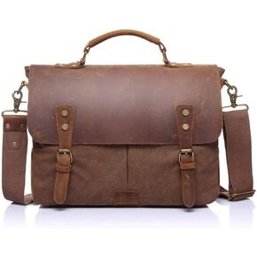 Mens Messenger Bag Waterproof Vintage Leather Waxed Canvas Briefcase Large Satchel Shoulder Bag Rugged Leather Computer Laptop Bag(C)