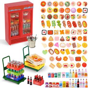 161pcs Dollhouse Refrigerator Mini Fridge Mini Supermarket Handcart Mini Food Drink Toys Models 1:12 Pretend Kitchen Play Game Party Dollhouse Store Grocery Accessories