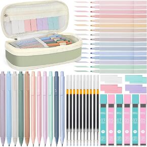 52 PCS Aesthetic School Supplies with Cute Pencil Case, Stationery Essentials with Pens Pencils and Pastel Highlighters Set,College Back to School Supplies for Teen Girls,Pastel Office Supplies-Purple