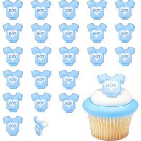 It's A Boy! 24 Baby Shower Cupcake Toppers, Blue Onesie Cupcake Rings, Food Safe Cake Decorations - 24 Pack