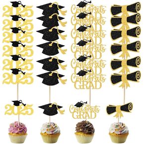 24Pcs Graduation Cupcake Toppers 2025, Graduation Party Decorations 4 Styles Graduation Cake Decorations of 2025, Cake Topper Graduation Cake Topper Class with Grad Cap Diploma Congrats Grad Sign