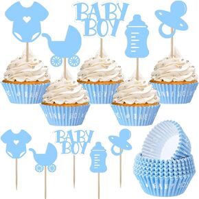 100 Pcs Baby Boy Cupcake Toppers Baby Shower Cupcake Decorations with 150 Pcs Blue Cake Liners Wrappers for Gender Reveal Boys First Birthday Party Supplies Favors