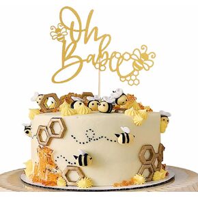Bee Oh Babee Cake Toppers - Gold Glitter Bumble Bee Oh Baby Cake Topper, Bee Themed Baby Shower/Gender Reveal Cake Decoration