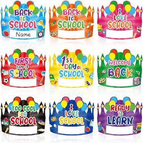 First Day of School Paper Crowns Decor, 24 Pcs Back to School Party Hat for Kids Students Kindergarten Preschool Name DIY Adjustable Classroom Crowns Teacher Gifts First Day of School Decor