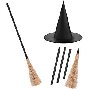 Threan Halloween Witch Brooms Costume Witch Broomstick Plastic Broom Props with Halloween Witch Hat for Halloween Cosplay Favors
