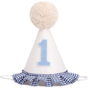 White and Blue 1st Birthday Hat - One Birthday Hat with Blue Gingham Trim, Boys First Bday Decorations, Cake Smash Props