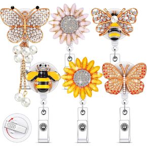 Chinco 6 Pieces Sunflower Badge Reel Crystal Badge Reels Holders Retractable, Sunflower Holder Clip with Alligator Clip, Butterfly Bee for Nurses Doctors Teachers Students Volunteers Employees