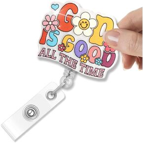 God is Good All The Time Glitter Retractable Badge Reel, Funny Flower ID Card Badge Holder Gifts for Christian Doctor Registered Nurse ER ICU God Lover, Church Religious Gifts for Jesus Lover