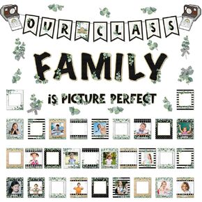 62 Pcs Eucalyptus Bulletin Board for Classroom,Our Class is a Family Photo Frames Bulletin Board Set Eucalyptus Leaves Paper Cutouts for Welcome Back to School Chalkboard Wall Decor