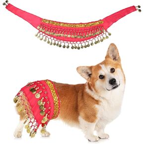 Dog Belly Dancer Skirt, Waist Chain Corgi Hip Scarf Costume Puppy Belly Dancing Accessories for Pet Cosplay Party Halloween Celebration (Rose Red)
