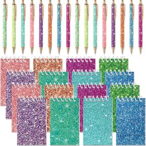 SHERR 32 PCS Glitter Abens and Notebooks for Kids Party Gift Glitter Mini Notepad Pocket Notebooks Accord Pens Colorful Point Spiral SPORALS for Women School Witch Party Ford