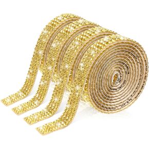 4 Rolls Gold Self Adhesive Rhinestone Ribbons, 1 Yard Bling Crystal Strips Diamond Strips Stickers Glitter Wrap Roll for DIY Crafts Clothes Car Shoes Phone Wedding Birthday Party Decorations
